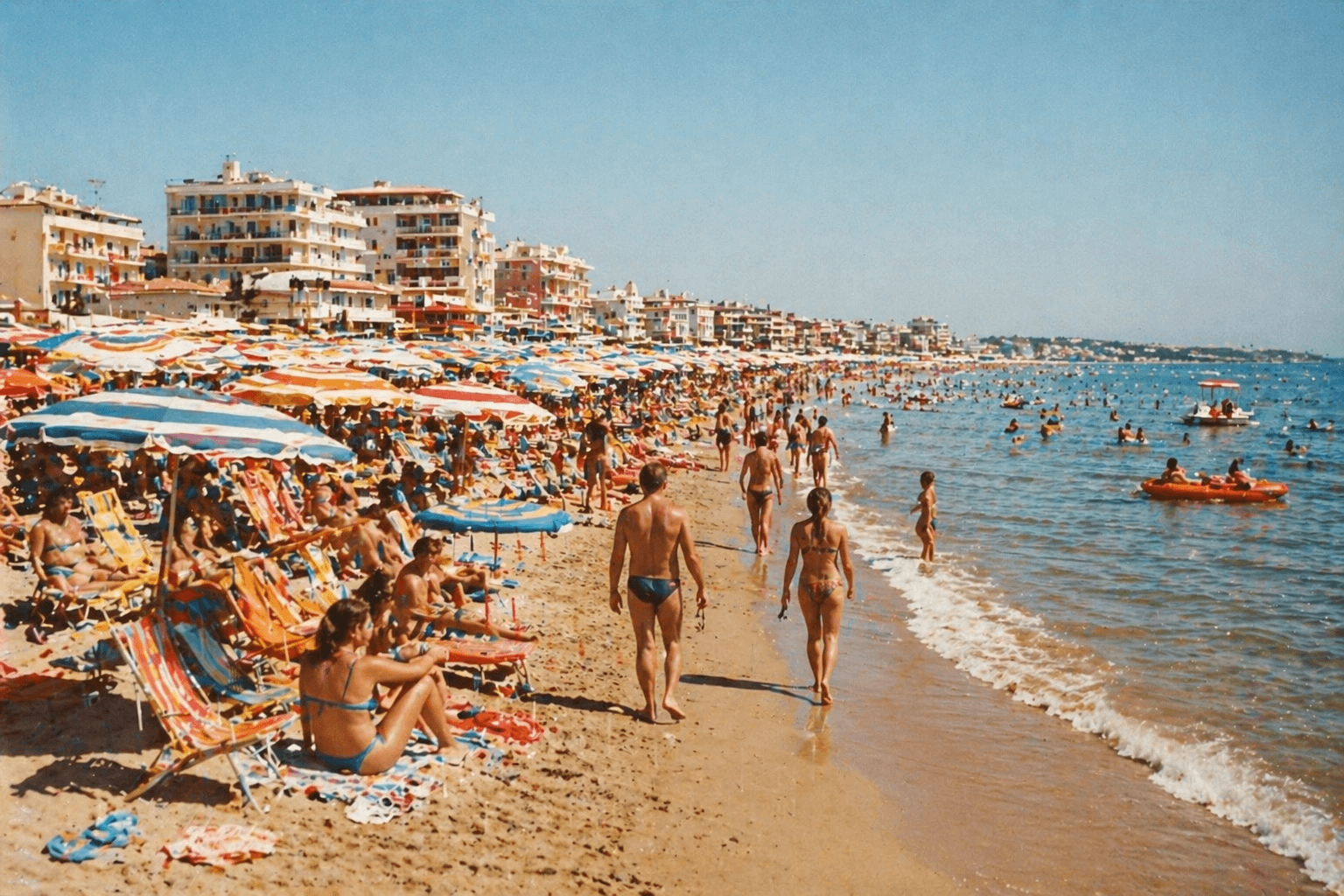 Spiaggia italiana storica con bagnanti e ombrelloni